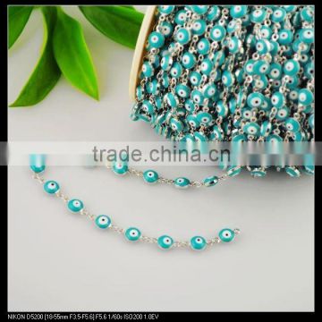 LFD-0018C ~ Wholesale 6MM Blue Color - Evil Beaded Wire Wrapped Beaded Chains - Silver Tone Rosary Style Chain Jewelry Making