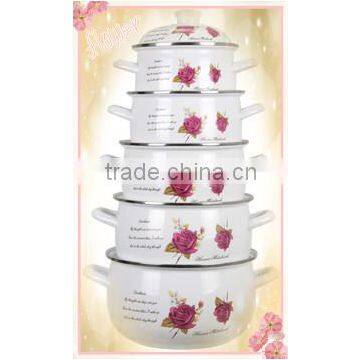 Fashion Design Double Handle Enamel Pot Set Purple Flower Decal Non-Stick Iron Pot With FDA SGS Certified 5 Pcs
