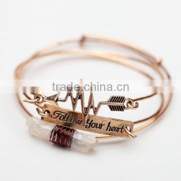 Fllow your heart custom words metal wire bangle quality big stone charms women bangle with adjustable size 2017