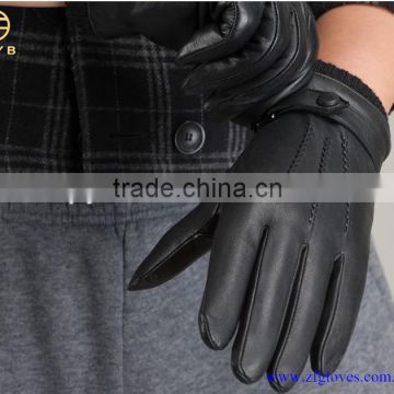 Men black leather glove with decorative wrist strap