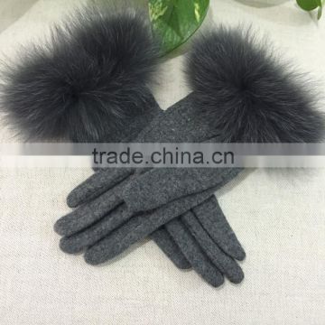 Vogue Style Fox Fur Trim Wool Knitted Gloves Winter Animal Fur Cuff Cashmere Knitting Fingers Mittens