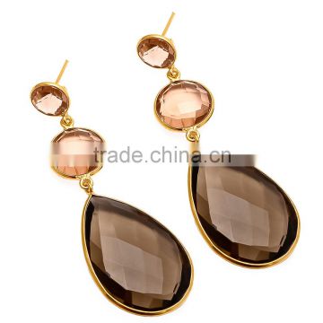 Smoky and Champagne Quartz Earring Gold Gemstone Earrings for Brides and Bridesmaids Gold Quartz Earrings