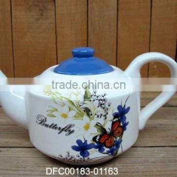 DFC Household Ceramic Teapot / Water Pot with Blue Lid and Flower Decal
