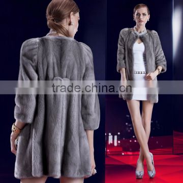 Elegant round collar long winter women grey natural U.S.A mink fur coat