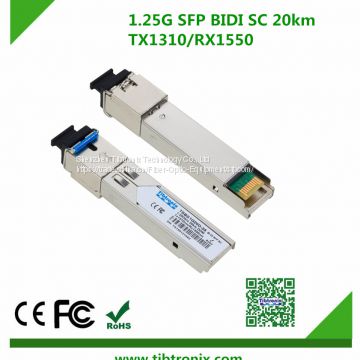 Optical Fiber 1.25Gb/s 20Km SC BiDi SFP Transceiver​ Module Single SC 1310nm Tx/1550nm Rx Single-mode, DDM