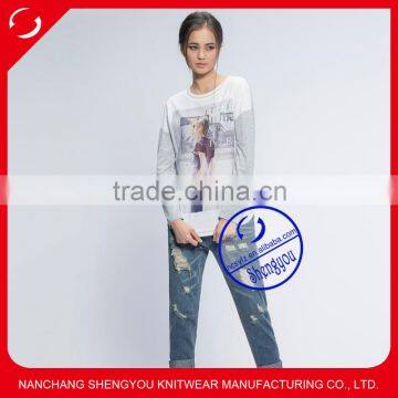 2015 China supplier custom fashion long sleeve women printing t shirt wholesale