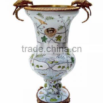 Elegant Design Huge Ceramic Prize Cup With Bronze Bird's Handles, Elegant Blue and White Painting Porcelain Trophy Vase