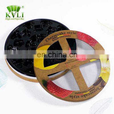 Popular brown kraft circular chocolate cardboard gift box with plastic tray wholesale