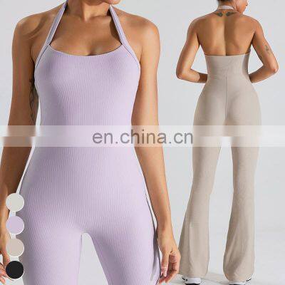 Ribbed Quick Dry Sports Clothing Halter Backless Flare Rompers Bodysuit Gym Fitness Jumpsuits One Piece Yoga Jumpsuit For Women