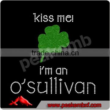 Wholesale Kiss Me I'm Irish Glitter Iron on Applique Shamrock Rhinestone Hot Fix