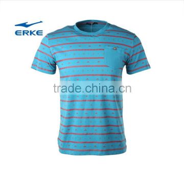 ERKE 2015 mens summer casual round neck t-shirt with personaliz stripe breathable cotton t shirt with front pocket wholesale/OEM