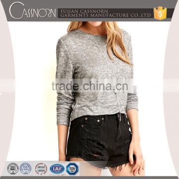 OEM supplier crew neck long sleeve short body marled knitted pullover