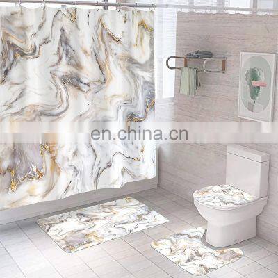 Modern Custom Marble Printing 3D Shower Curtain Sets 4 pieces with Rugs