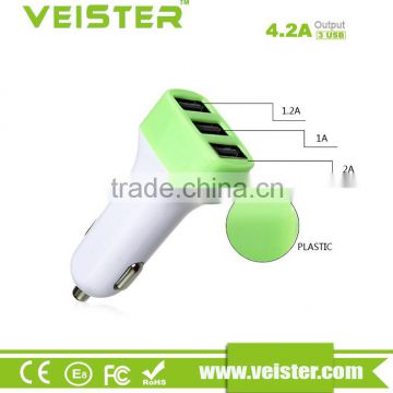 Veister mobile phone car battery charger, CE RoHS mini portable car charger 3 ports USB