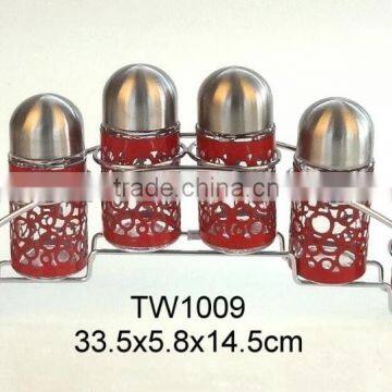 TW1009 6pcs glass spice jar set with metal casing and rack