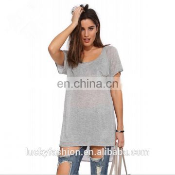 oem women ladies short sleeve blank t shirt with pocket with transparent chiffon fabric