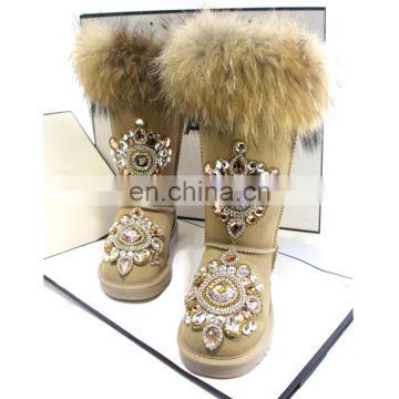 Aidocrystal 2016 fashion suede rhinestone upper faux fur bling snow boots
