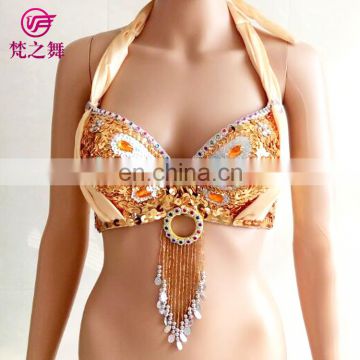 YD-024 Professional satin beaded tassel sexy belly dance sequins bra top