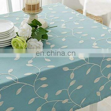 Blue leaf embroidered design linen table cloth