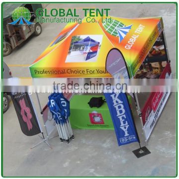 Custom Print Alumnium Folding Tent 3x3m ( 10ft X 10 ft), printed canopy & valance, back wall&2 half side walls, with flags&talbe