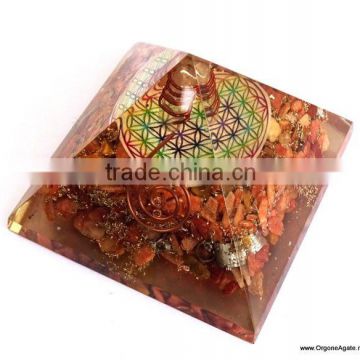 Large Peach Aventurine Pyramid With Flower Of Life Symbol And Crystal Point | Orgonite Reiki Pyramid