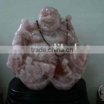 Big Natural Rose Quartz Crystal Laughing Buddha Carving