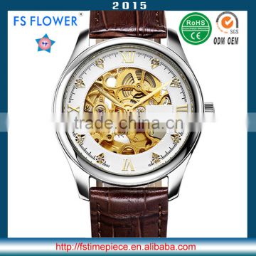 FS FLOWER - Automatic Watches Men Classical Skeleton Dial Genuine Leather Strap