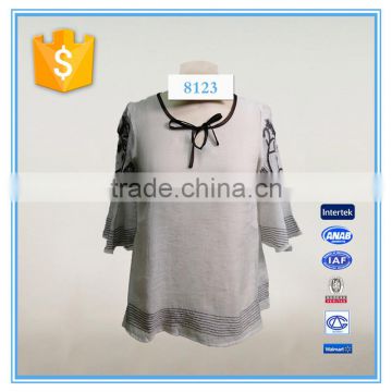 Woman Flared Sleeve Embroidery Tie Neck Cotton Fabric Casual Blouse Designs