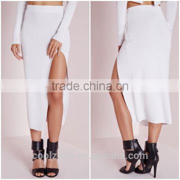 Women latest skirt design pictures sexy high split midi skirt white 2015