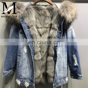 2017 Fashionable Women Winter Real Fox Fur Lined Denim Parka Real Fur Jacket Raccoon