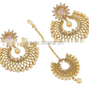 Beautiful Gold Plated Charming Look Maang Tikka With Earrings For Women Wedding Jewelry