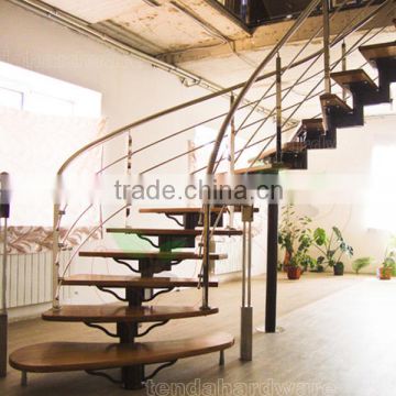 single spine steel structure curved stairs with wood tread and black metal railing