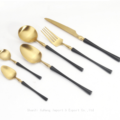Set of 6 Pieces Matte Gold Knife Fork Spoon Cutlery Set With Black Handle For Wedding Tableware