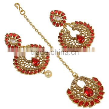 Indian Tradtional Style Fabulous Gold Plated Stud Crystal Polki Earrings with Maangtikka Jewelry