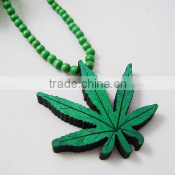 Green Wooden Marijuana Leaf Pendant with a 36 Inch Beaded Necklace Chain Good Quality Wood