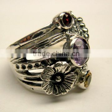 Amethyst & Garnet 925 Sterling Silver Handmade Ring, Gemstone Silver Jewelry, Designer Oxidized Silver Handmade Ring