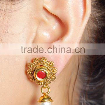 Indian Gold Polished Finishing Ruby Pearl Combination Earrings