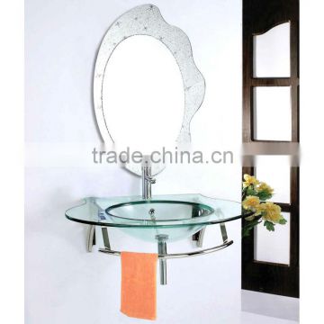 High Quality Tempered Glass Bathroom Washbasin, Transparent Glass with Stainless Steel Holder