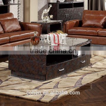 modern luxury mdf storage cabinet crocodile pu marble top stainless steel base coffee center table