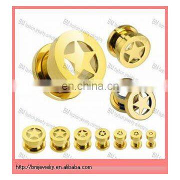 Gold Plated over 316L Surgical Steel Screw Fit Tunnel with Star ear body piercing jewelry rings