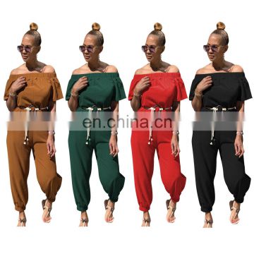 LAITE J2032 autumn women solid color jumpsuit ladies off-shoulder playsuit jumpsuit for women with belt
