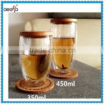 Unique double wall couple glass cup with wood lid
