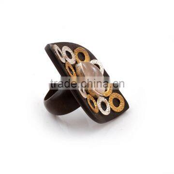 Handmade Ebony Wood Ring With 925 Sterling Silver & Brass With Rose Quartz