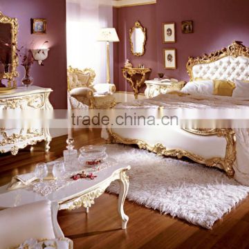 Luxurious Elegant Rococo Designed Carving White and Golden Tufted Crown Bed with Nightstand and Dressing Table BF12-05254f