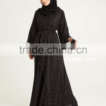 Women Middle East clothing OEM Tassel belt Black Tulle Pearl Umbrella Cut Abaya