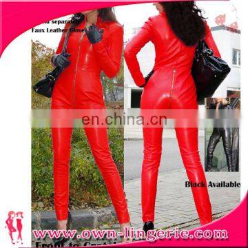 Wholesale race girls suit Wet Look zipper Front Sexy Bodysuits black and red faux leather catsuit