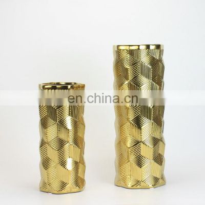 Nordic Golden 3D Grid Cylindrical  Modern Ceramic Decor Luxury Table Flower Vase for Home Home