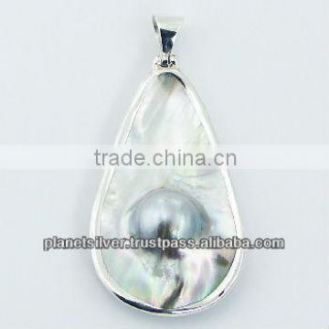 Sterling Silver Shell Pendant Drop Shaped Blister Pearl