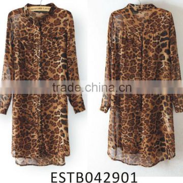 Ladies chiffon long sleeve leopard print long design shirt