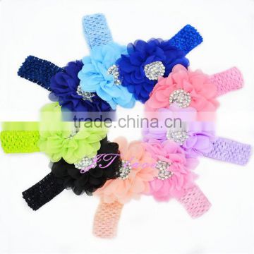 Baby Headband, Crochet Chiffon Flower, pearl rhinestone chiffon flower Headband, Infant Headband, Baby Girl Headband
